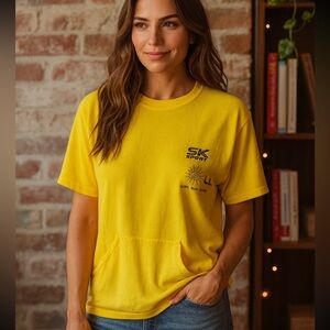 Vintage SK Sport “Sea Sun Sand” Yellow Terry Cloth Pocket Tee Made in USA – S